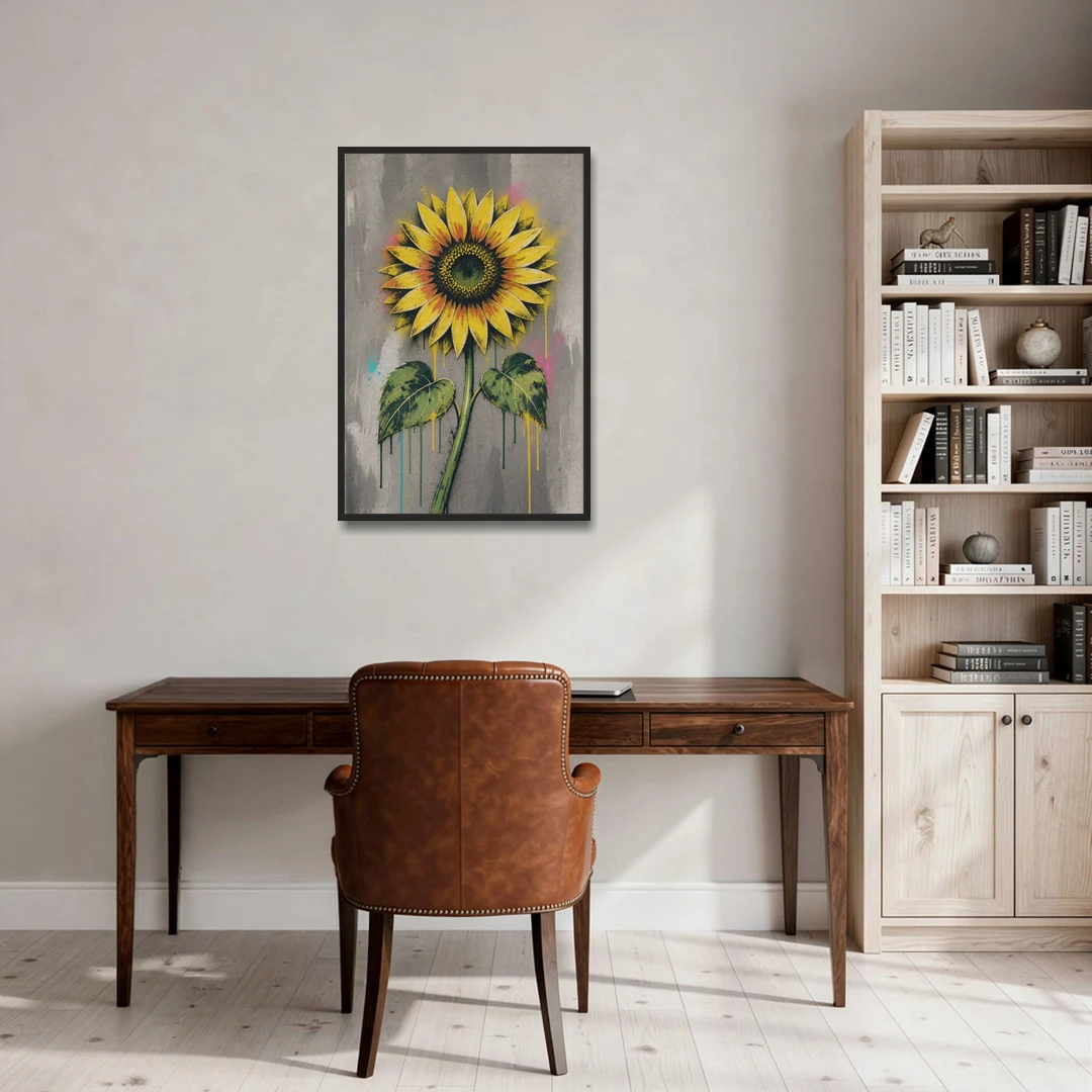 Street Art Stenciled Yellow Sunflower on Concrete - Black Framed Canvas Wall Art - Office - 24x36
