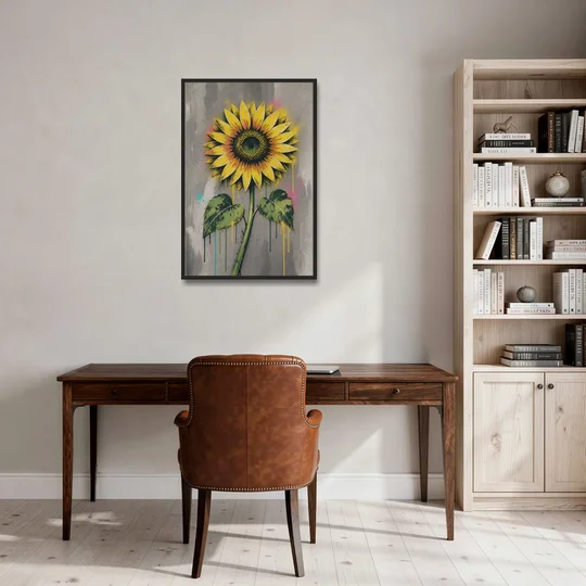 Street Art Stenciled Yellow Sunflower on Concrete - Black Framed Canvas Wall Art - Office - 24x36