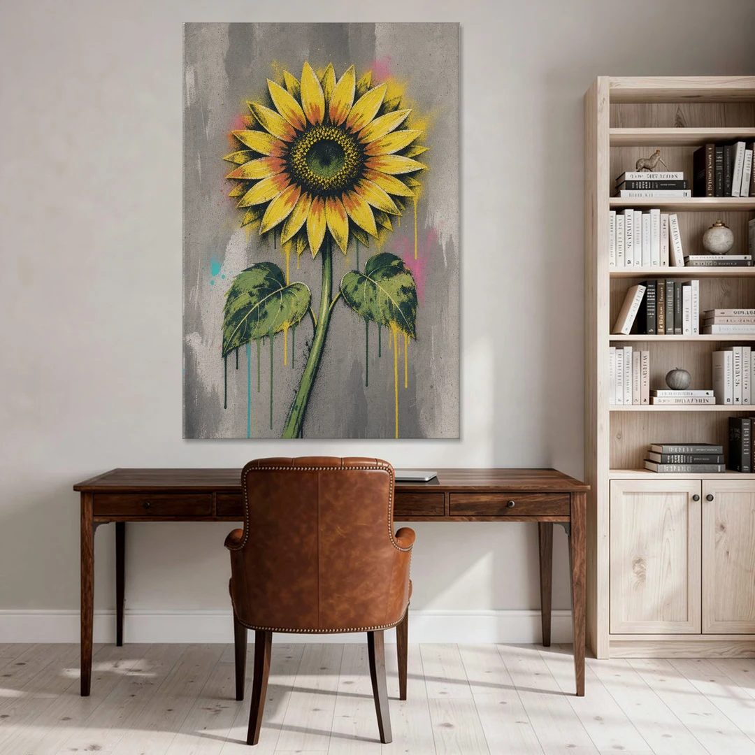 Street Art Stenciled Yellow Sunflower on Concrete - Canvas Wall Art - Office - 40x60