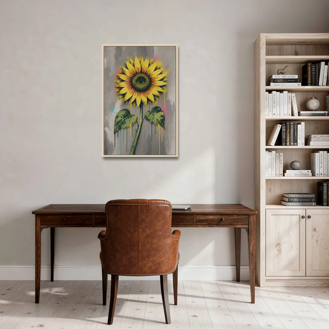 Street Art Stenciled Yellow Sunflower on Concrete - Oak Framed Canvas Wall Art - Office - 24x36