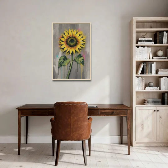 Street Art Stenciled Yellow Sunflower on Concrete - Oak Framed Canvas Wall Art - Office - 24x36