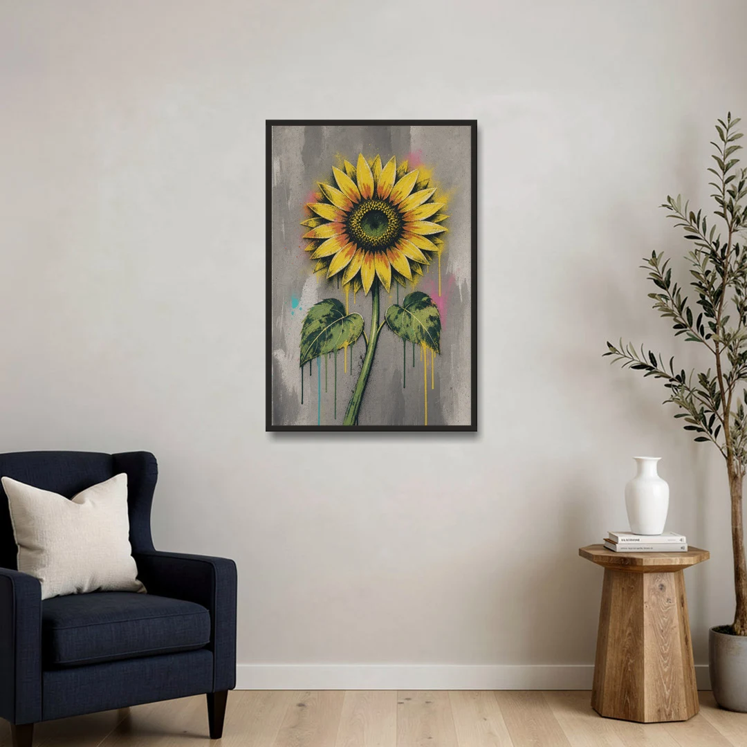 Street Art Stenciled Yellow Sunflower on Concrete - Black Framed Canvas Wall Art - Sofa - 24x36