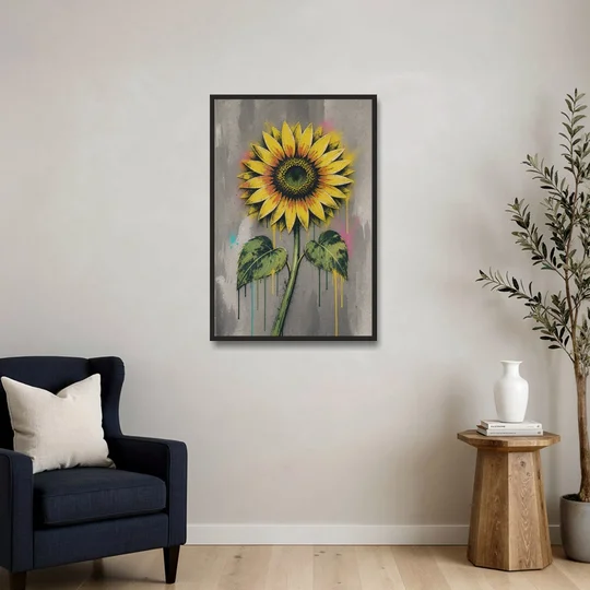 Street Art Stenciled Yellow Sunflower on Concrete - Black Framed Canvas Wall Art - Sofa - 24x36