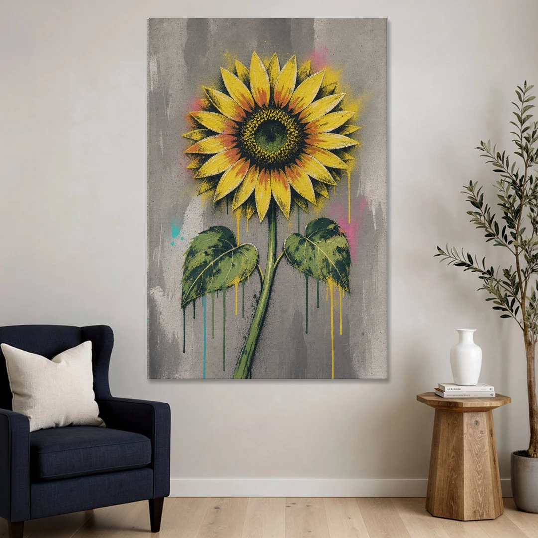 Street Art Stenciled Yellow Sunflower on Concrete - Canvas Wall Art - Sofa - 40x60