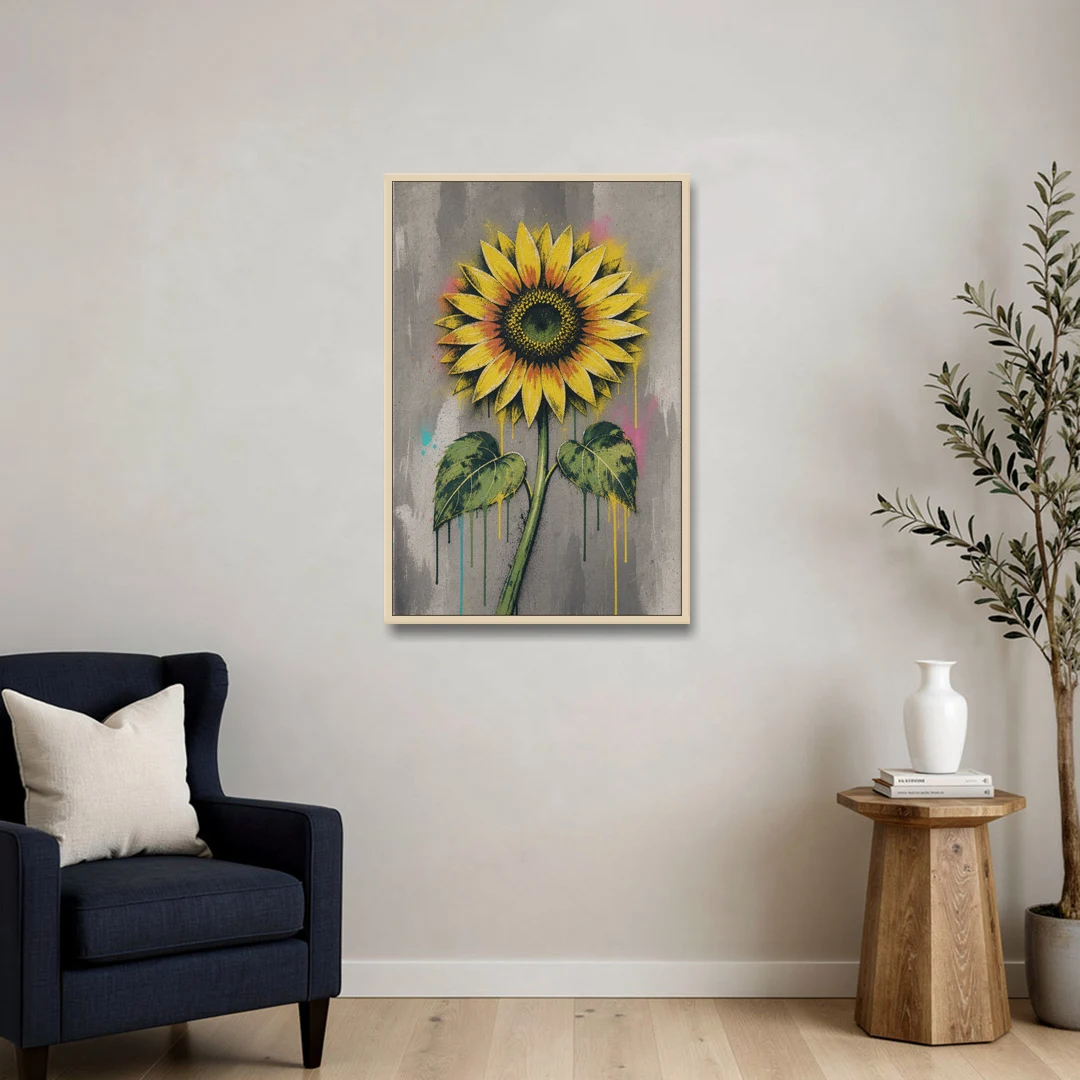 Street Art Stenciled Yellow Sunflower on Concrete - Oak Framed Canvas Wall Art - Sofa - 24x36