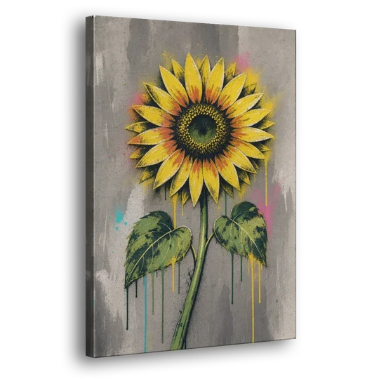 Street Art Stenciled Yellow Sunflower on Concrete - Canvas Wall Art - Side