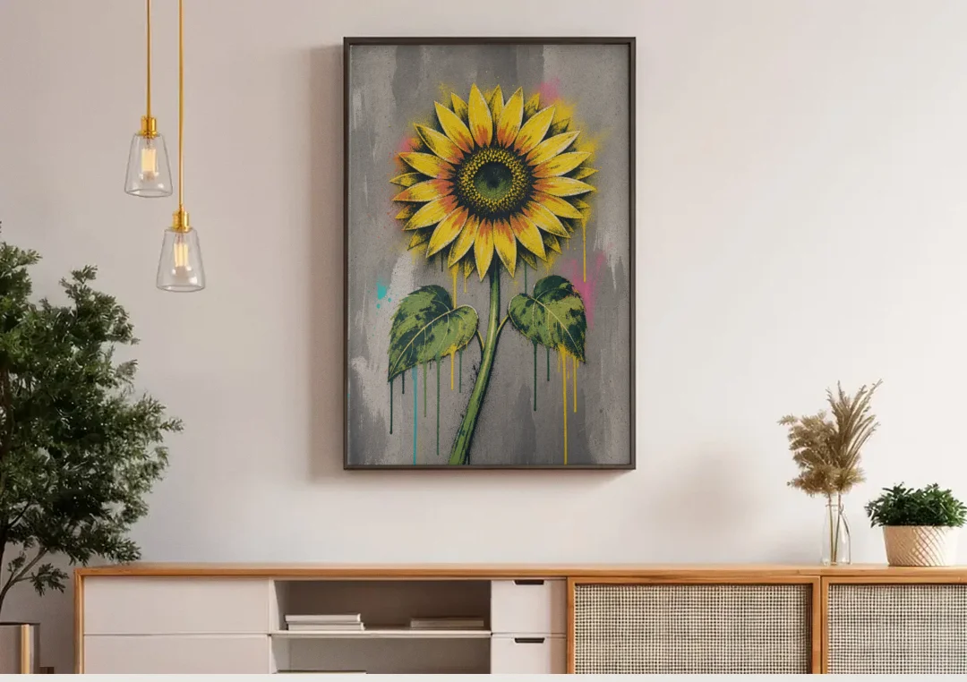 Street Art Stenciled Yellow Sunflower on Concrete canvas wall art above a wooden sideboard under pendant lights