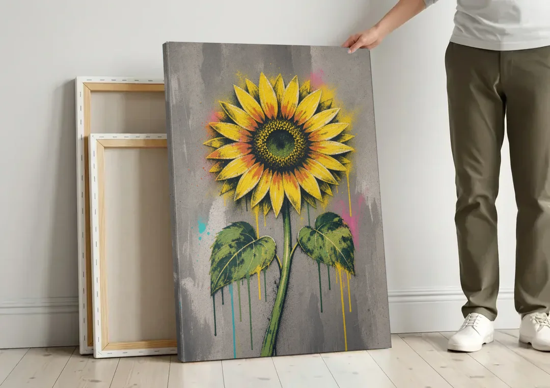 Street Art Stenciled Yellow Sunflower on Concrete canvas wall art leaning against a wall next to blank canvases