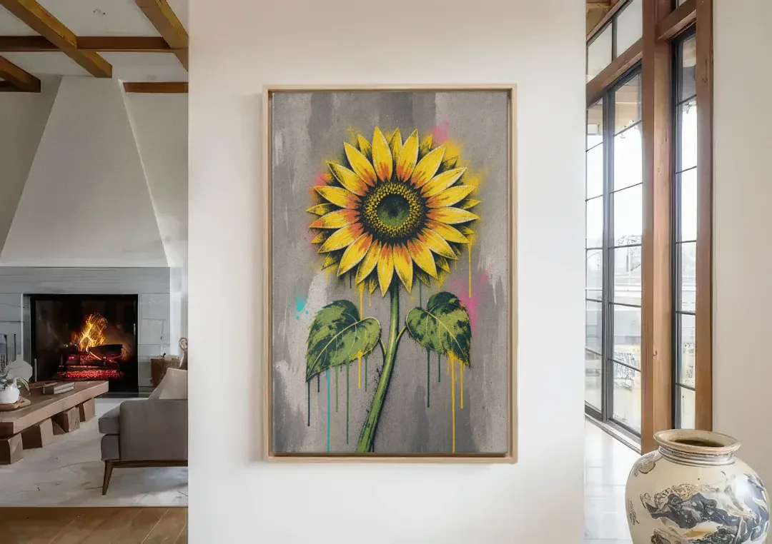 Street Art Stenciled Yellow Sunflower on Concrete canvas wall art in a living room with a fireplace