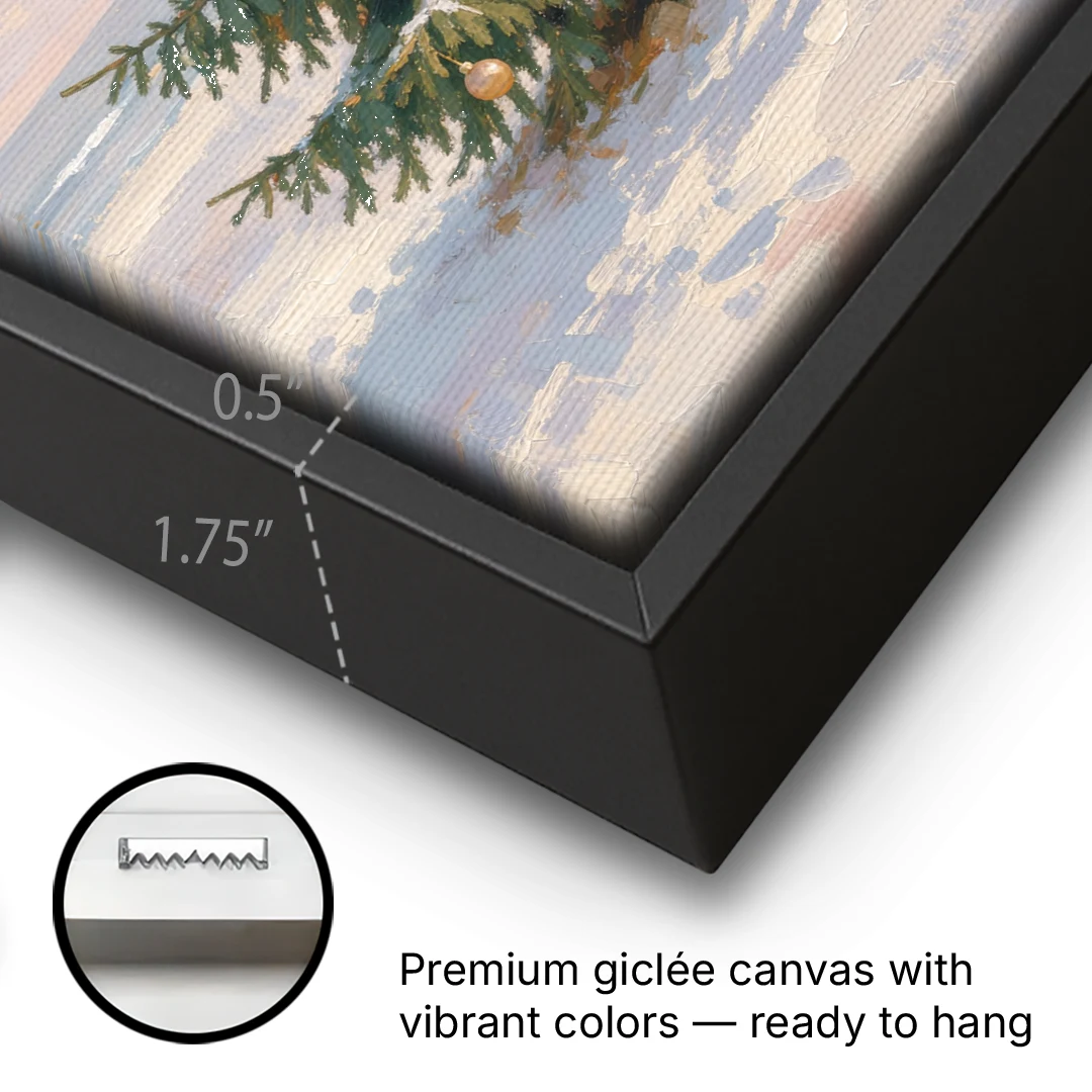 Stepladder by a Half-Decorated Fir - Black Framed Canvas Wall Art - Gallery Wrap Corner