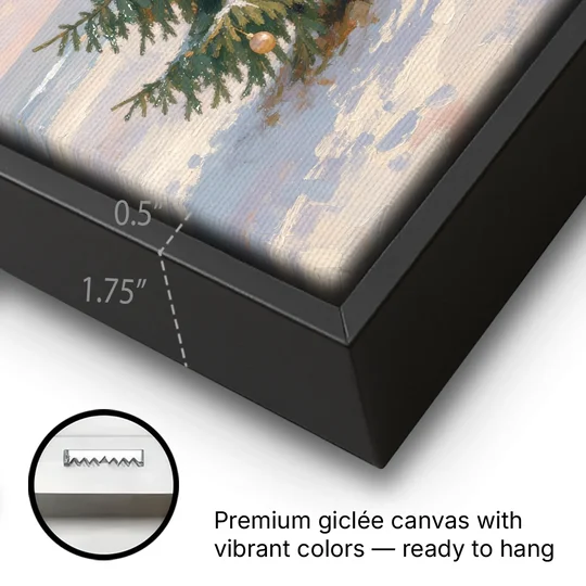 Stepladder by a Half-Decorated Fir - Black Framed Canvas Wall Art - Gallery Wrap Corner