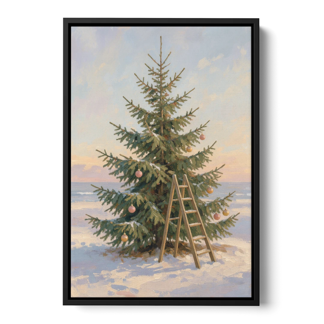Stepladder by a Half-Decorated Fir - Black Framed Canvas Wall Art - Front
