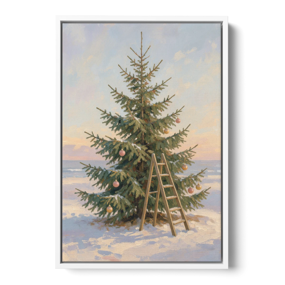 Stepladder by a Half-Decorated Fir - White Framed Canvas Wall Art - Front