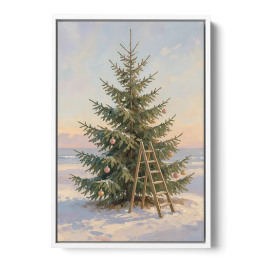 Stepladder by a Half-Decorated Fir - White Framed Canvas Wall Art - Front