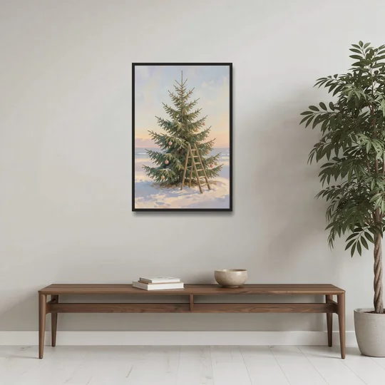 Stepladder by a Half-Decorated Fir - Black Framed Canvas Wall Art - Coffee Table - 24x36