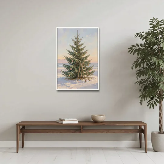 Stepladder by a Half-Decorated Fir - White Framed Canvas Wall Art - Coffee Table - 24x36