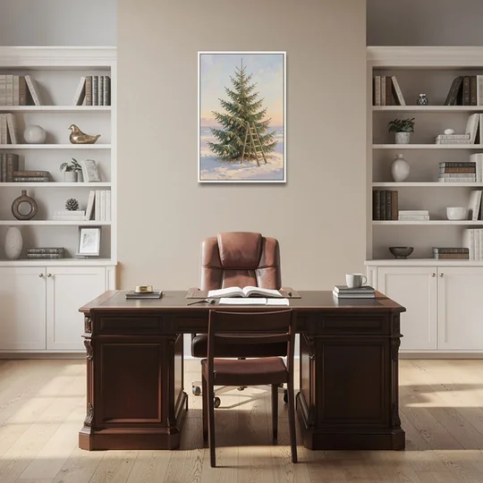 Stepladder by a Half-Decorated Fir - White Framed Canvas Wall Art - Office - 24x36