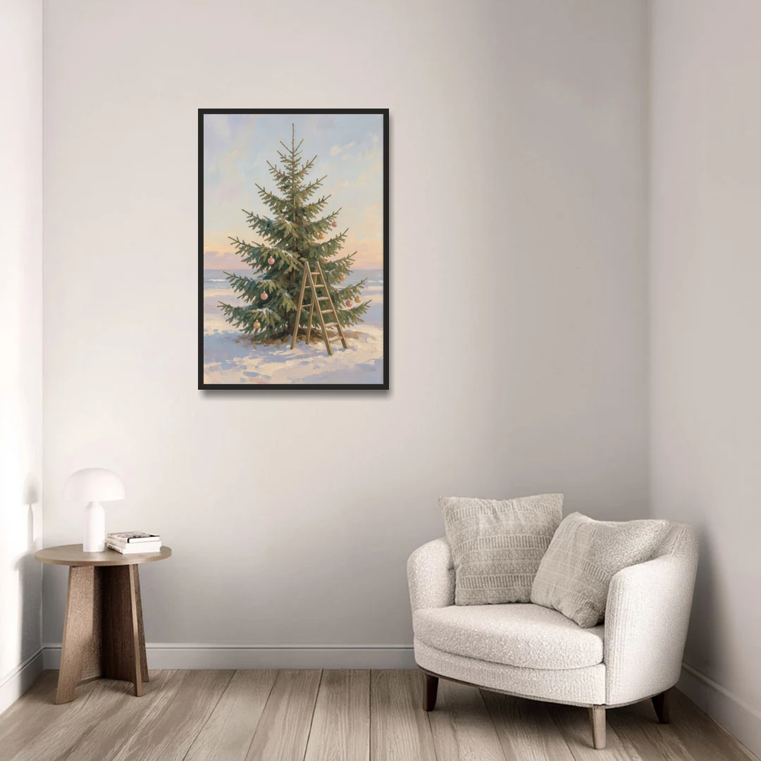 Stepladder by a Half-Decorated Fir - Black Framed Canvas Wall Art - Sofa - 24x36