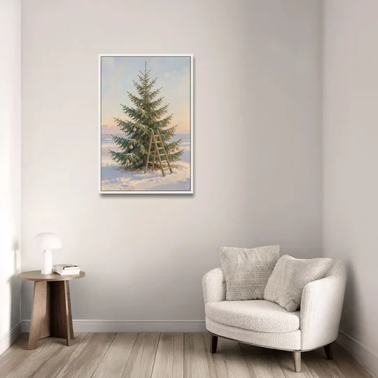 Stepladder by a Half-Decorated Fir - White Framed Canvas Wall Art - Sofa - 24x36
