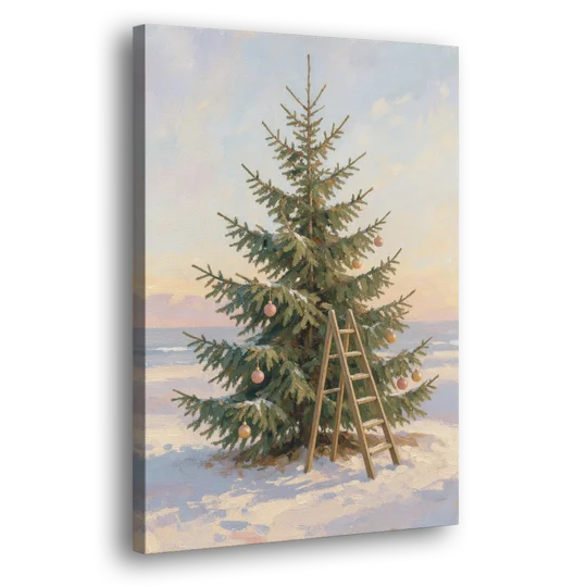 Stepladder by a Half-Decorated Fir - Canvas Wall Art - Side