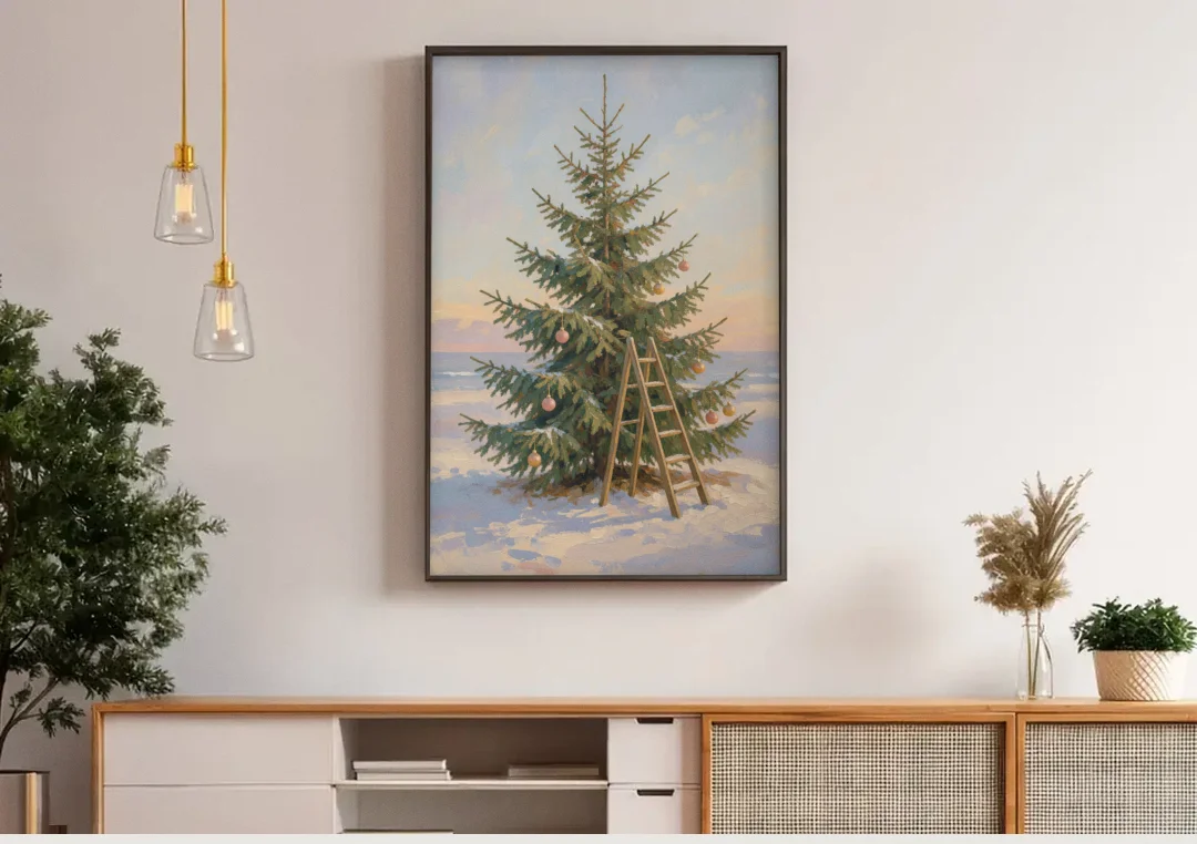 Stepladder by a Half-Decorated Fir canvas wall art above a wooden sideboard under pendant lights