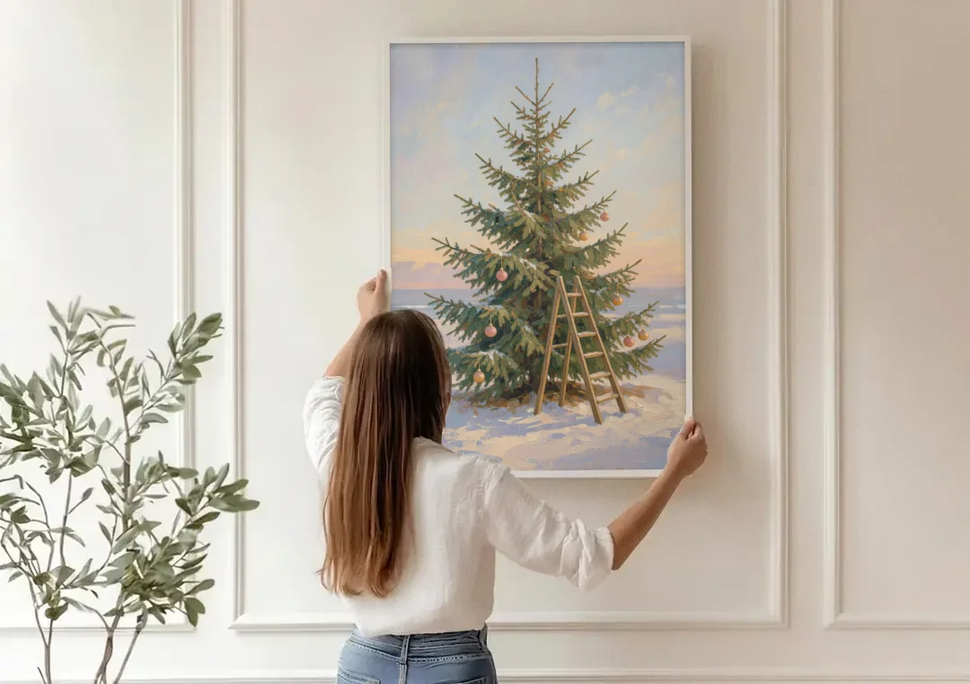 Stepladder by a Half-Decorated Fir canvas wall art being hung on a paneled wall