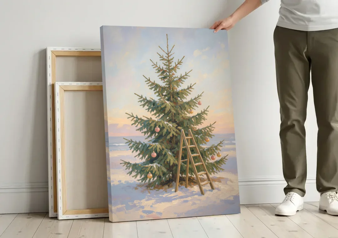Stepladder by a Half-Decorated Fir canvas wall art leaning against a wall next to blank canvases