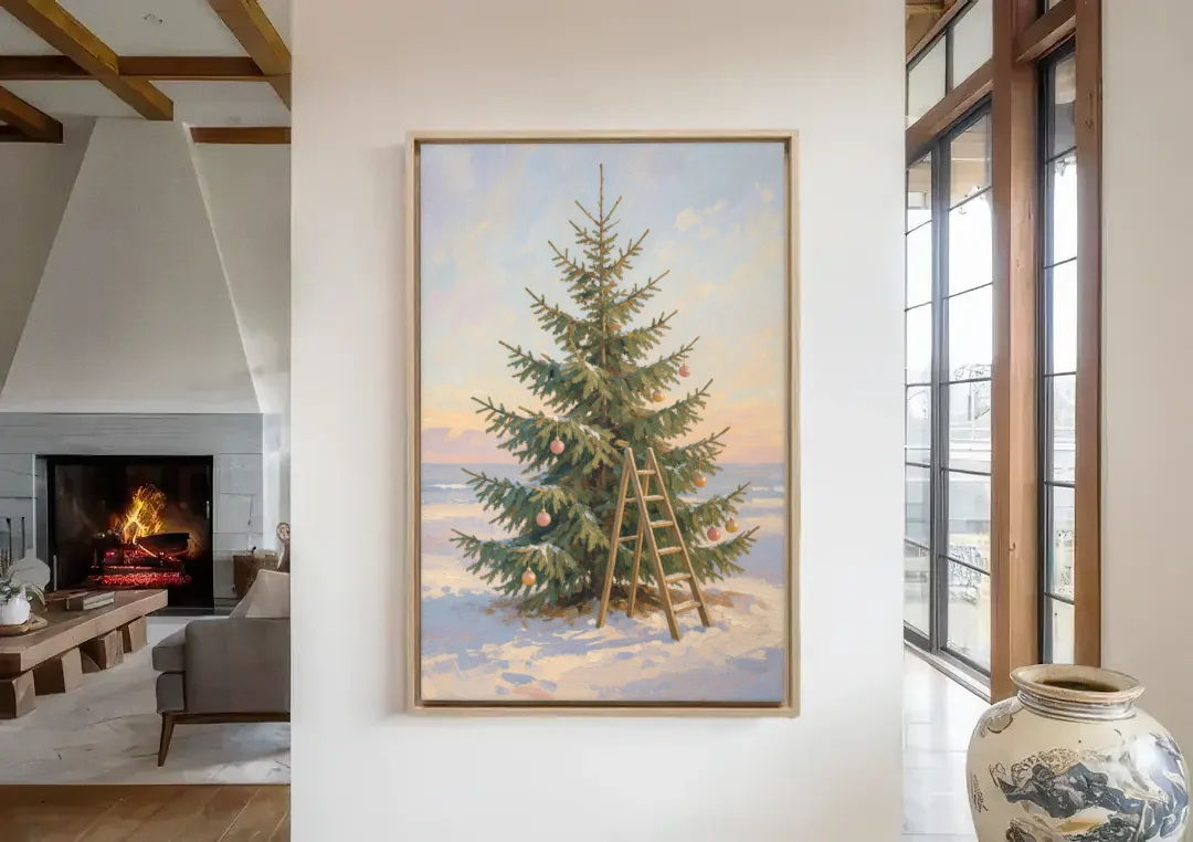 Stepladder by a Half-Decorated Fir canvas wall art in a living room with a fireplace