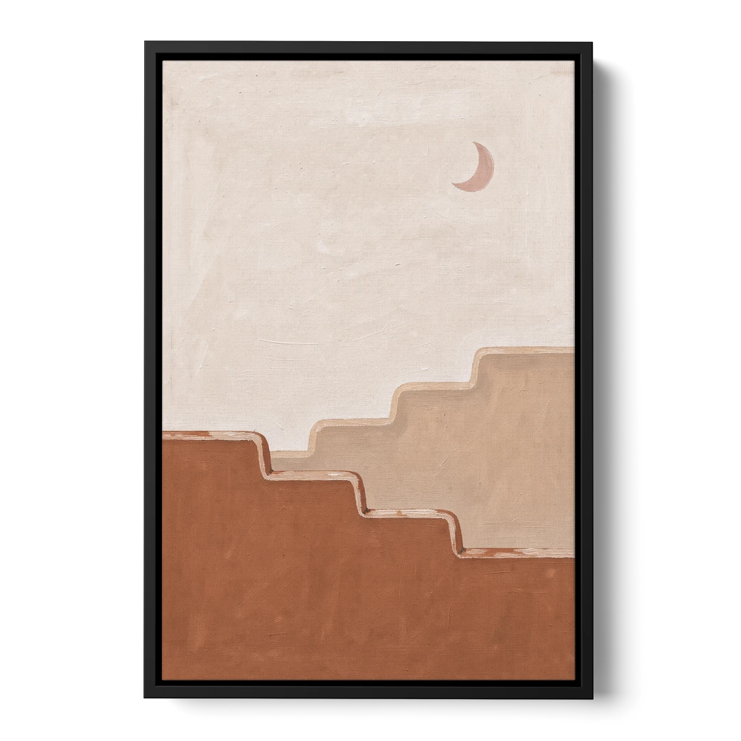 Stepped Adobe Wall Under a Crescent Moon - Black Framed Canvas Wall Art - Front