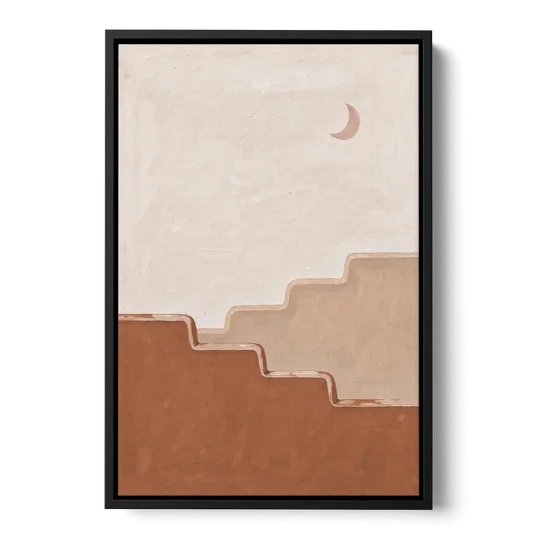 Stepped Adobe Wall Under a Crescent Moon - Black Framed Canvas Wall Art - Front