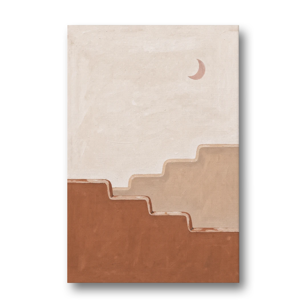 Stepped Adobe Wall Under a Crescent Moon - Canvas Wall Art - Front