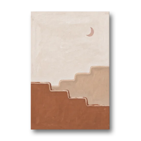 Stepped Adobe Wall Under a Crescent Moon - Canvas Wall Art - Front