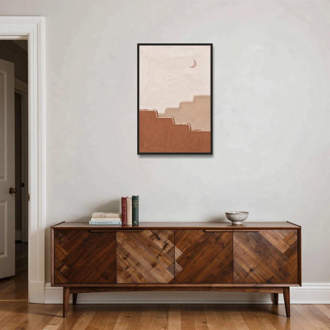 Stepped Adobe Wall Under a Crescent Moon - Black Framed Canvas Wall Art - Coffee Table - 24x36