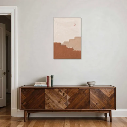 Stepped Adobe Wall Under a Crescent Moon - Canvas Wall Art - Coffee Table - 24x36