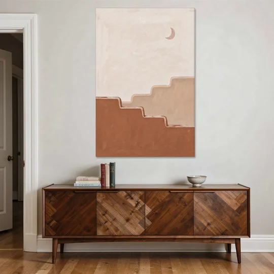 Stepped Adobe Wall Under a Crescent Moon - Canvas Wall Art - Coffee Table - 40x60