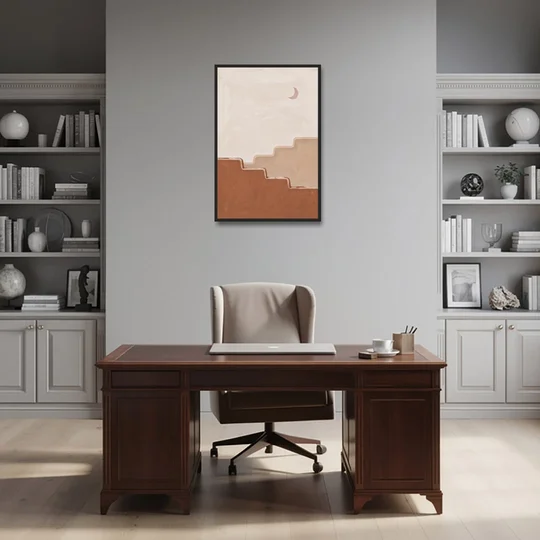 Stepped Adobe Wall Under a Crescent Moon - Black Framed Canvas Wall Art - Office - 24x36