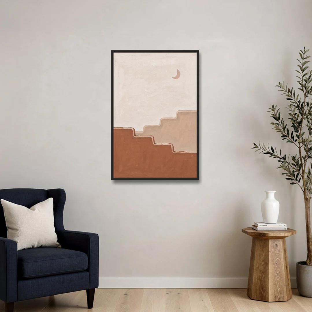 Stepped Adobe Wall Under a Crescent Moon - Black Framed Canvas Wall Art - Sofa - 24x36