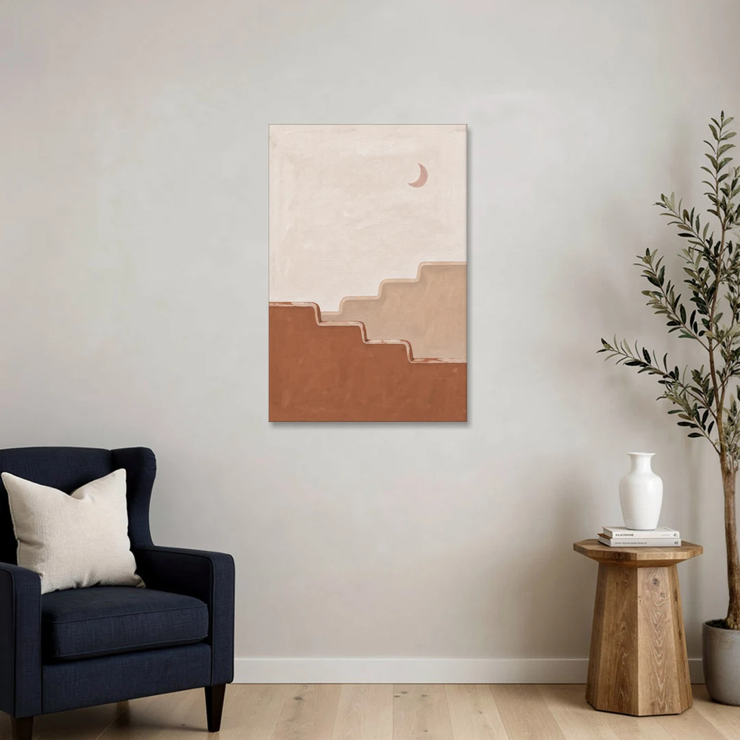 Stepped Adobe Wall Under a Crescent Moon - Canvas Wall Art - Sofa - 24x36