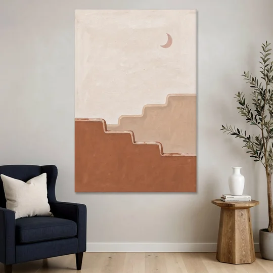 Stepped Adobe Wall Under a Crescent Moon - Canvas Wall Art - Sofa - 40x60
