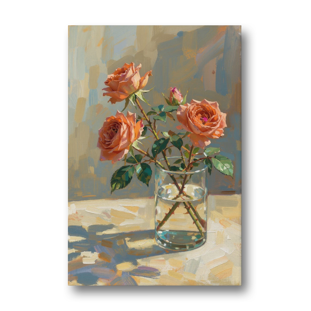 Still Life Flower Painting with Coral Roses - Canvas Wall Art - Front