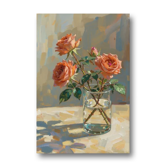 Still Life Flower Painting with Coral Roses - Canvas Wall Art - Front