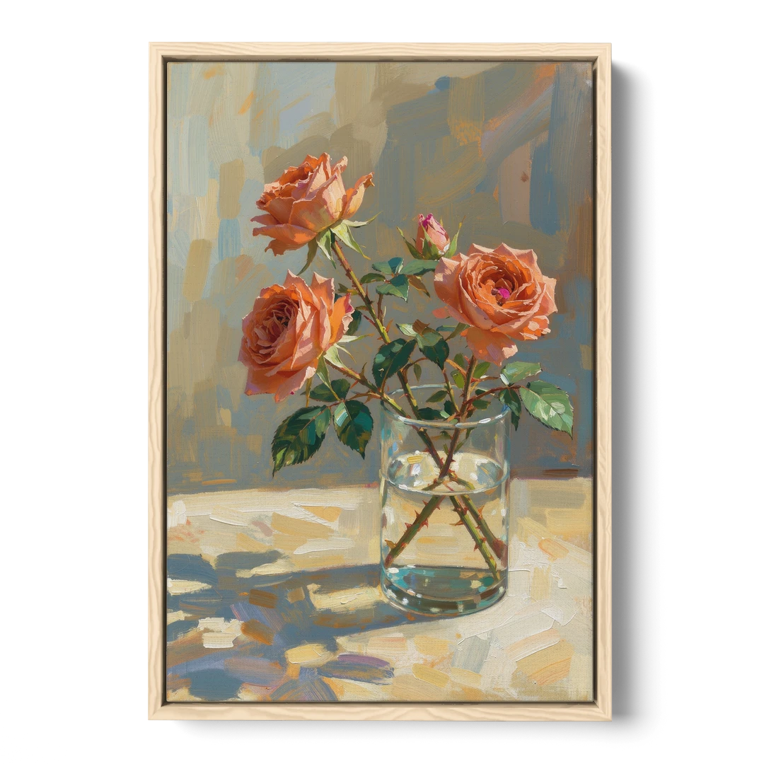 Still Life Flower Painting with Coral Roses - Oak Framed Canvas Wall Art - Front