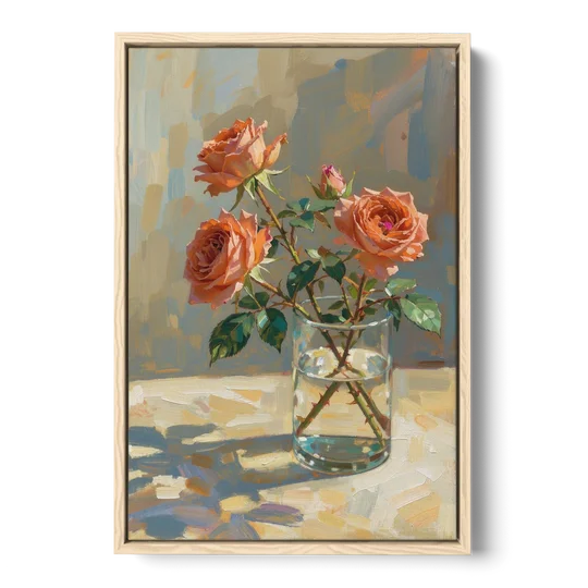 Still Life Flower Painting with Coral Roses - Oak Framed Canvas Wall Art - Front