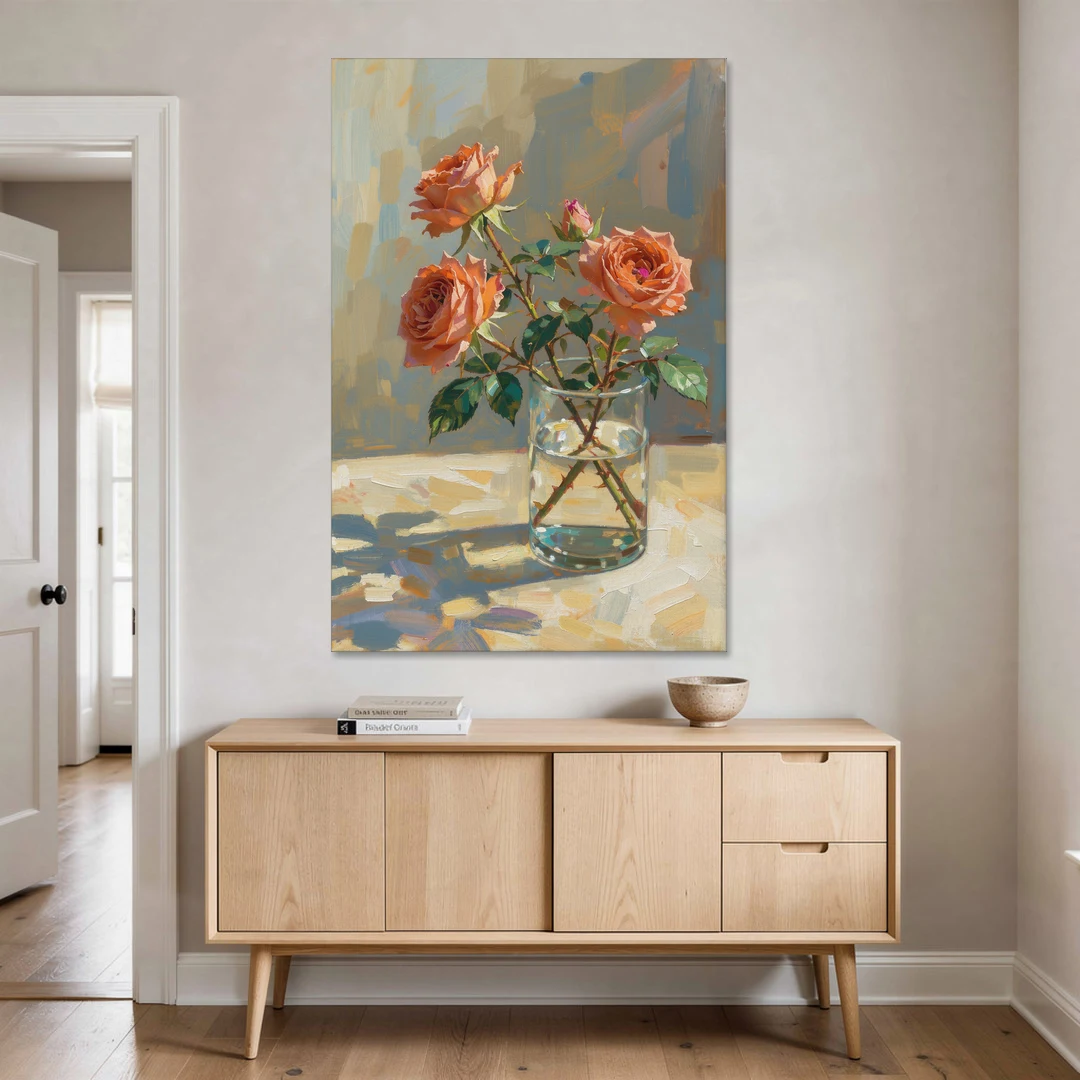 Still Life Flower Painting with Coral Roses - Canvas Wall Art - Coffee Table - 40x60