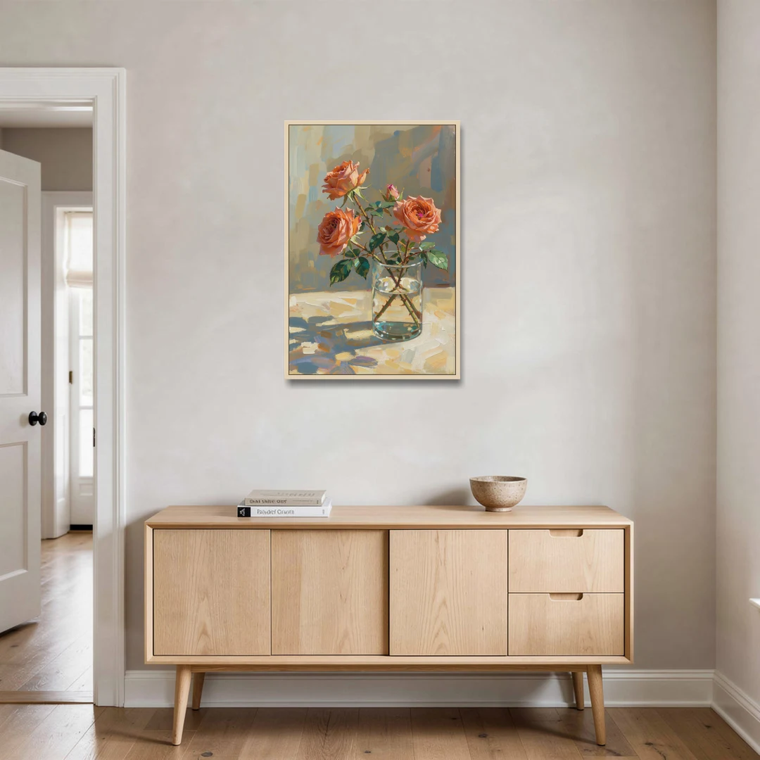 Still Life Flower Painting with Coral Roses - Oak Framed Canvas Wall Art - Coffee Table - 24x36
