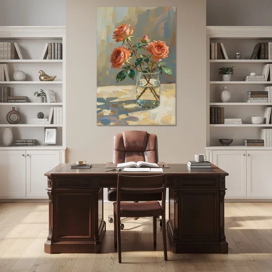 Still Life Flower Painting with Coral Roses - Canvas Wall Art - Office - 40x60