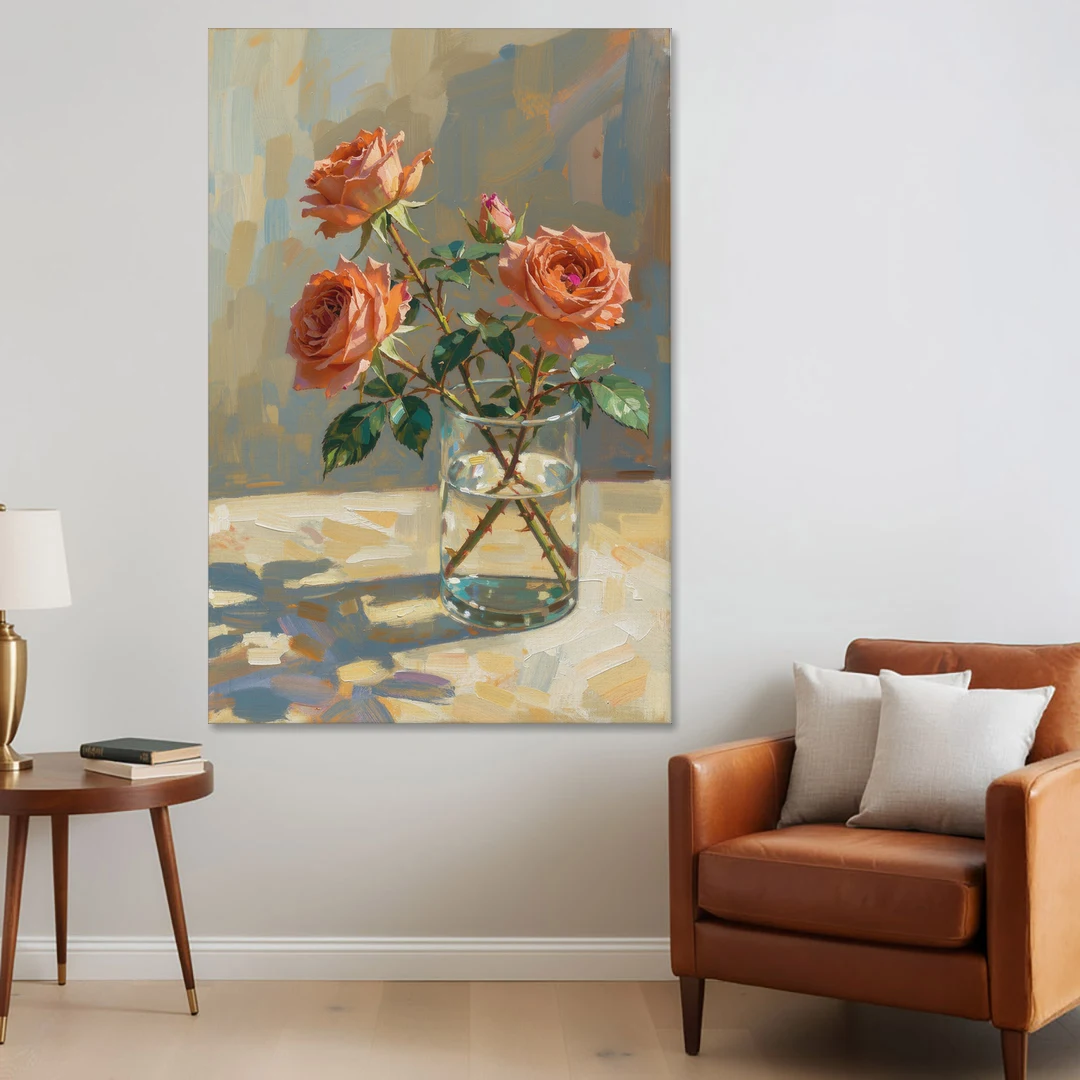 Still Life Flower Painting with Coral Roses - Canvas Wall Art - Sofa - 40x60