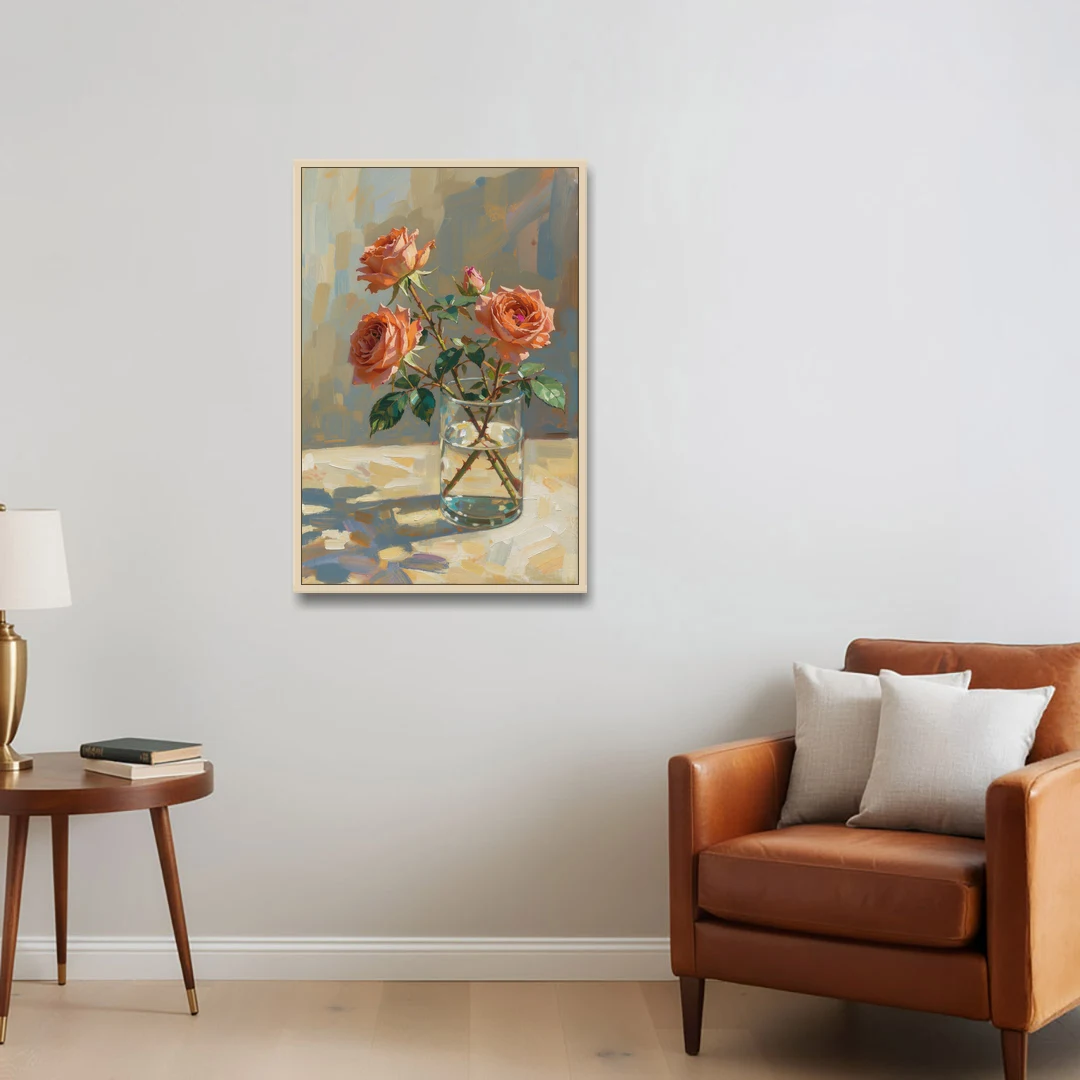 Still Life Flower Painting with Coral Roses - Oak Framed Canvas Wall Art - Sofa - 24x36