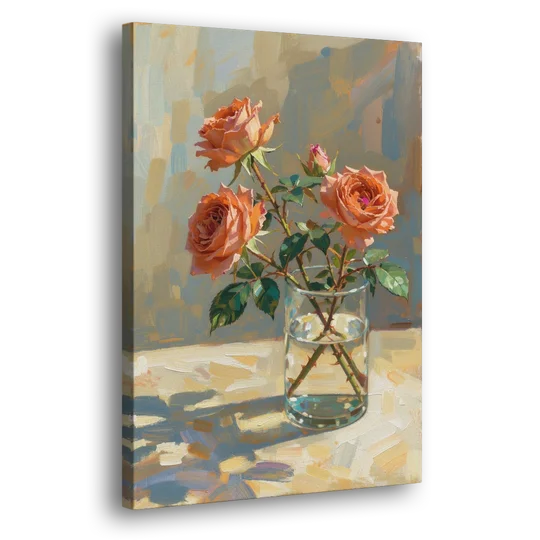 Still Life Flower Painting with Coral Roses - Canvas Wall Art - Side