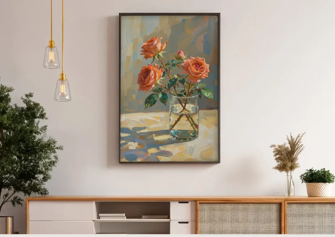 Still Life Flower Painting with Coral Roses canvas wall art above a wooden sideboard under pendant lights